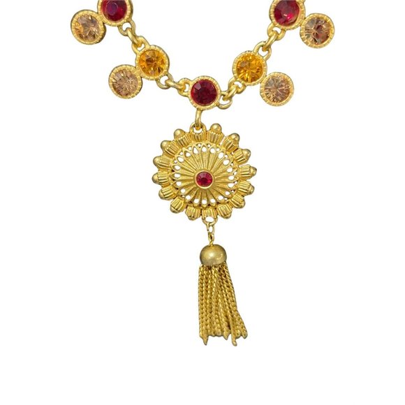 Victorian Inspired ROSA FLORES Gold tone Red and orange Pendant Necklace - Picture 7 of 12